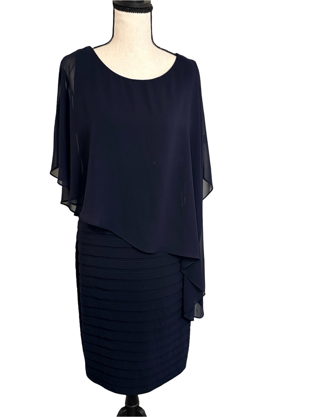 Frank‎ Lyman Navy Cape Dress Chiffon Overlay Midi Cocktail Dress 12